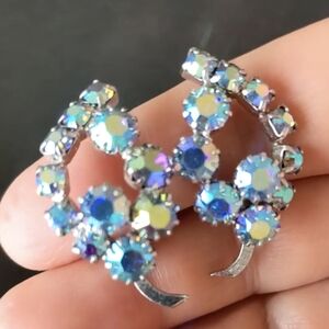 Vintage signed Aurora Borealis leaf shaped earrings